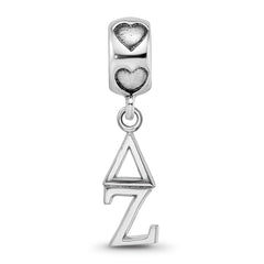 Sterling Silver RH-plated LogoArt Delta Zeta Vertical Letters on Heart Bead