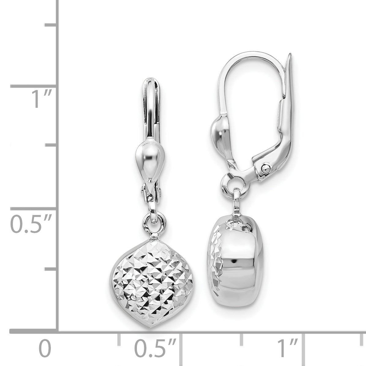 14K White Gold Diamond-Cut Dangle Earrings with Polished Leverback Design