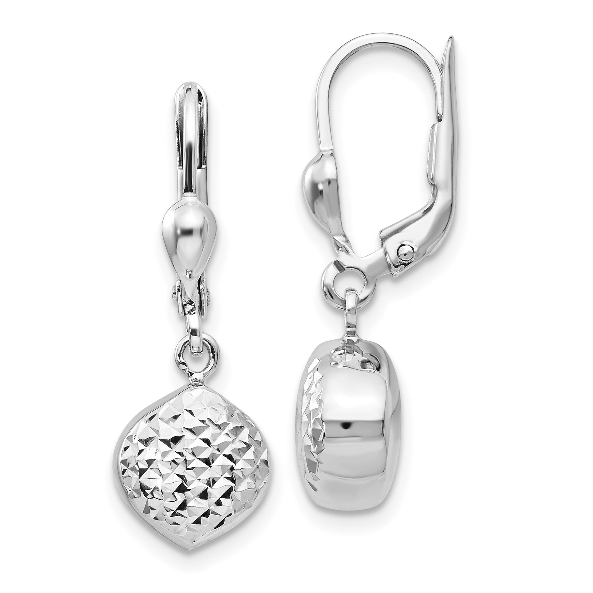 14k White Gold Polished Diamond-Cut Dangle Leverback Earrings Main image