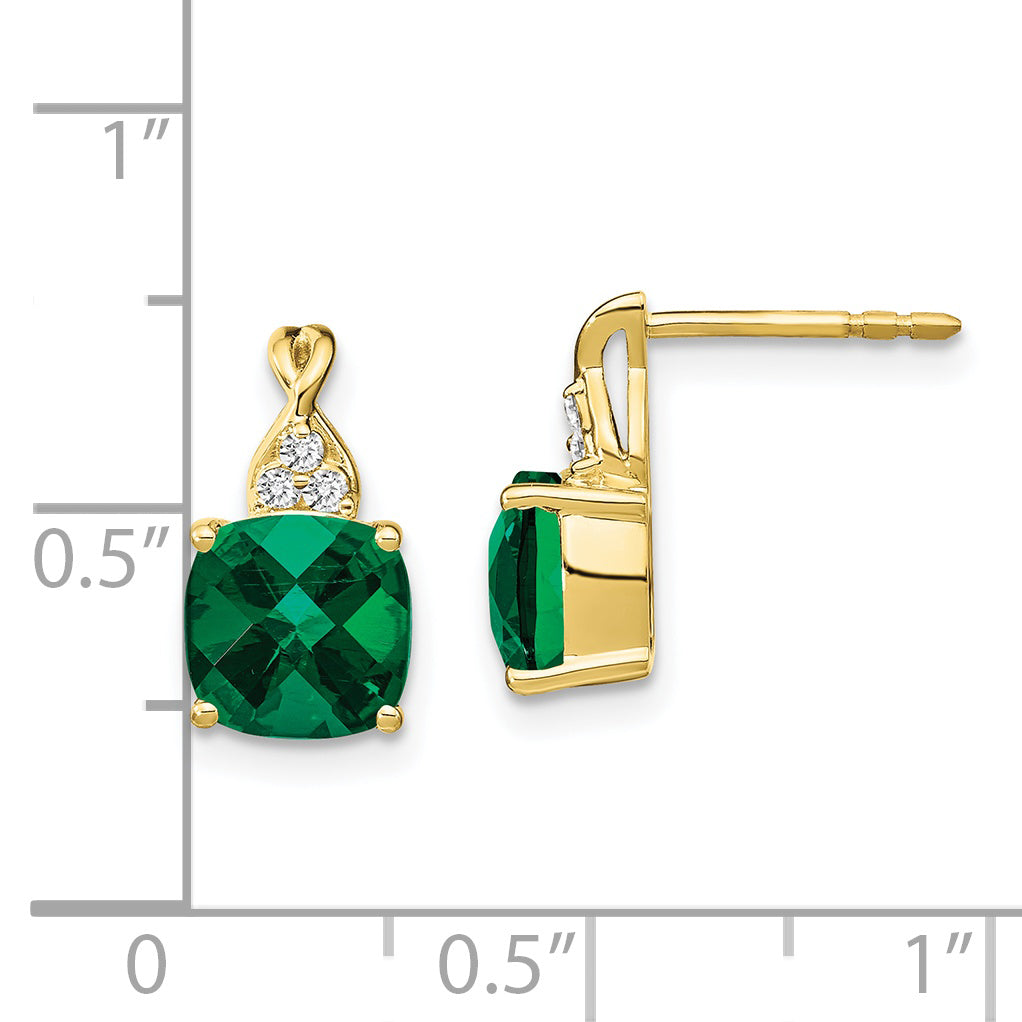 10k Checkerboard Created Emerald and Diamond Earrings