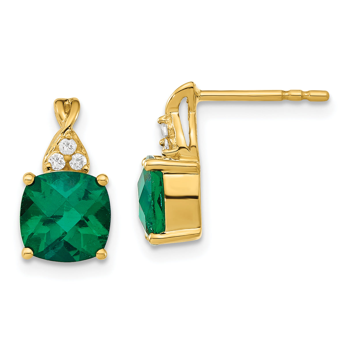10k Checkerboard Created Emerald and Diamond Earrings