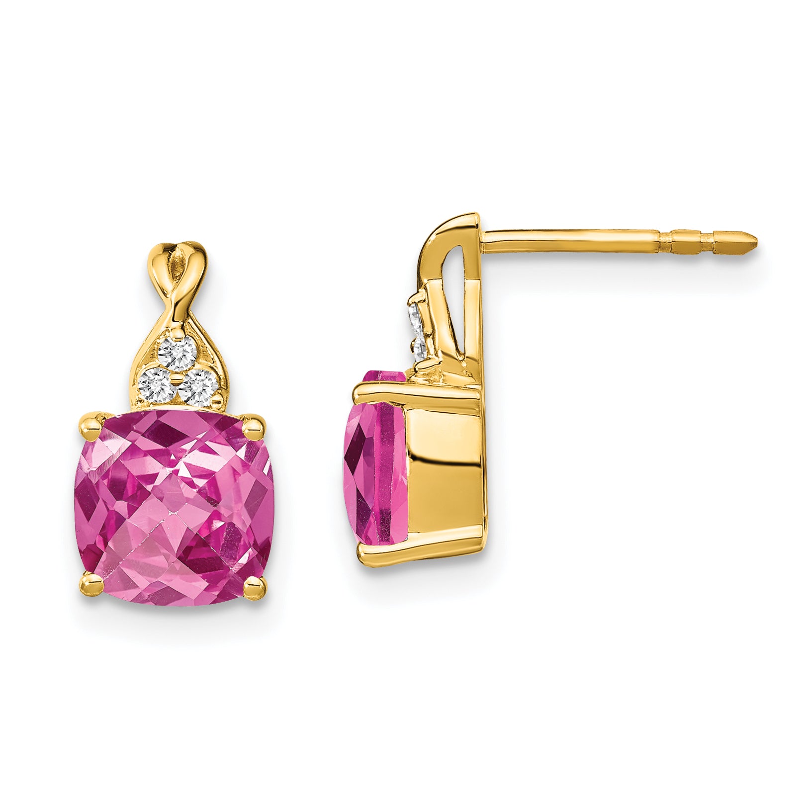 10k Checkerboard Created Pink Sapphire and Diamond Earrings