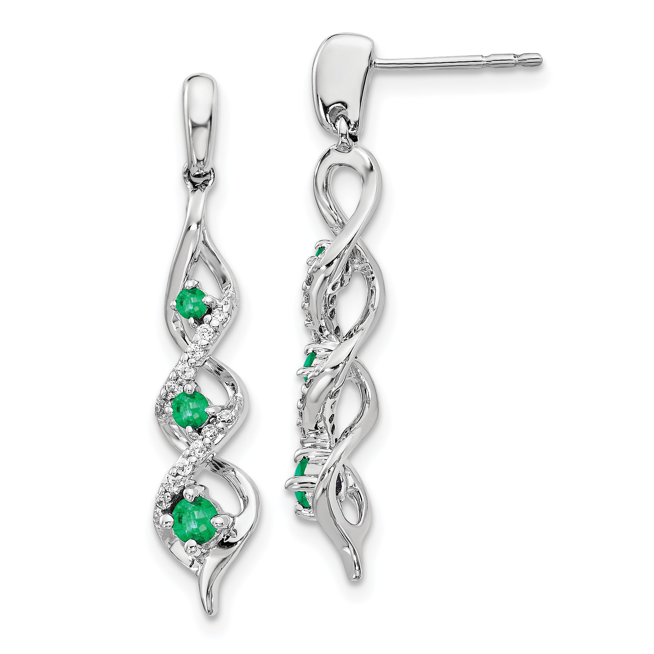 10k White Gold Diamond and Emerald 3 Stone Post Dangle Earrings