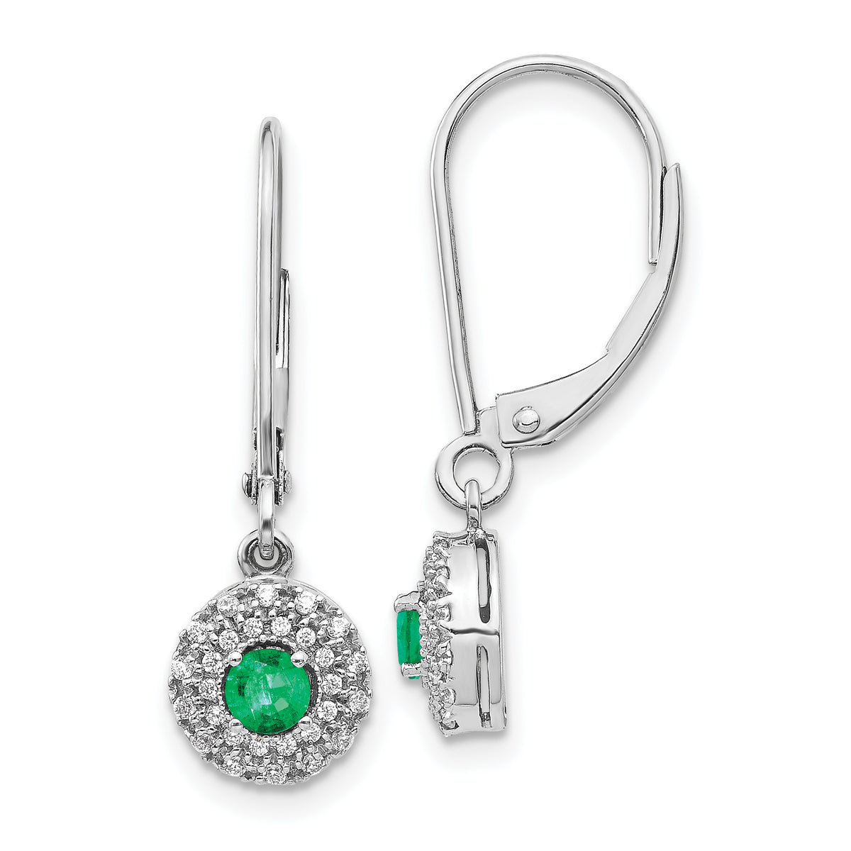 14K White Gold Lab Grown Diamond and Cr Emerald Leverback Earrings