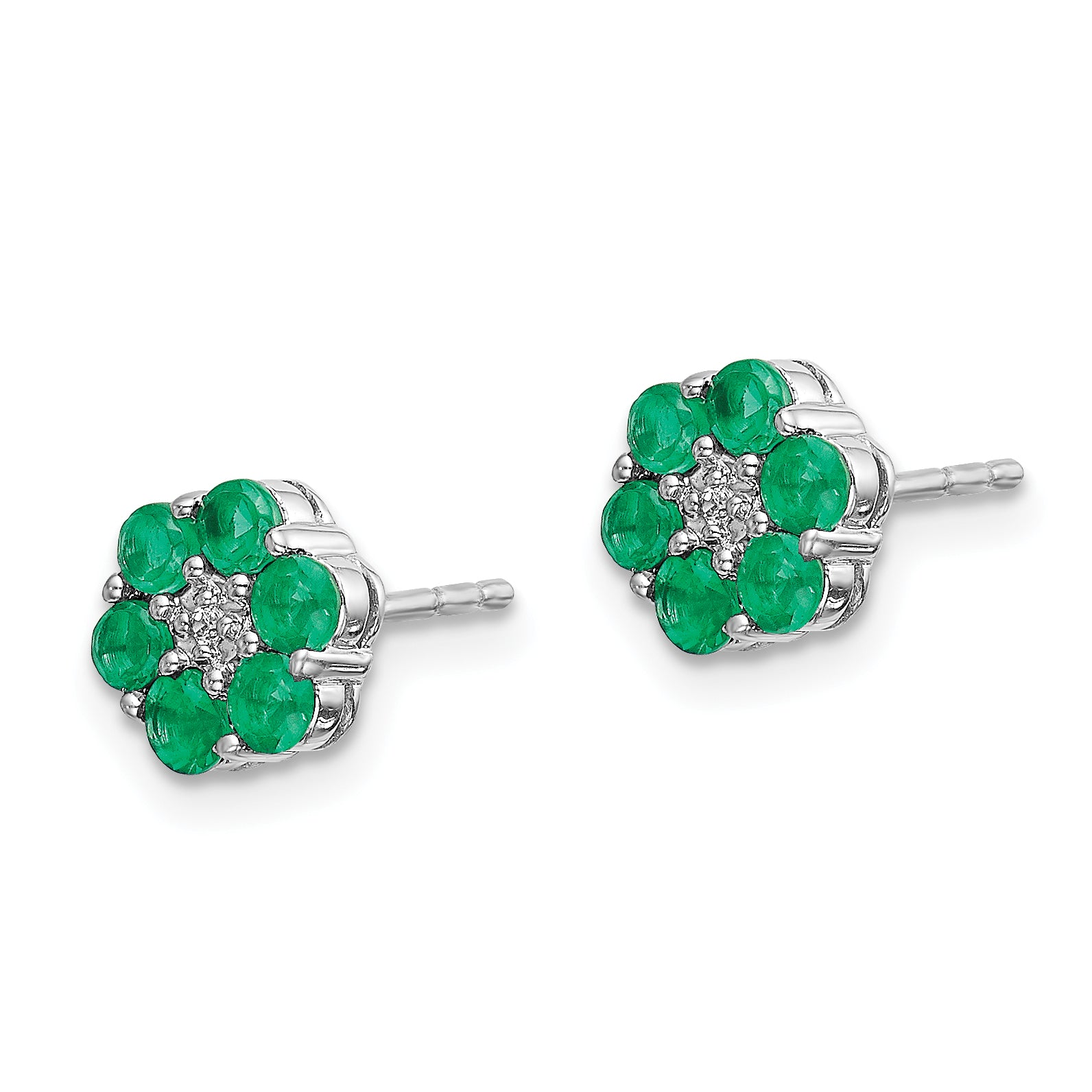 10k White Gold Polished Emerald and Diamond Post Earrings