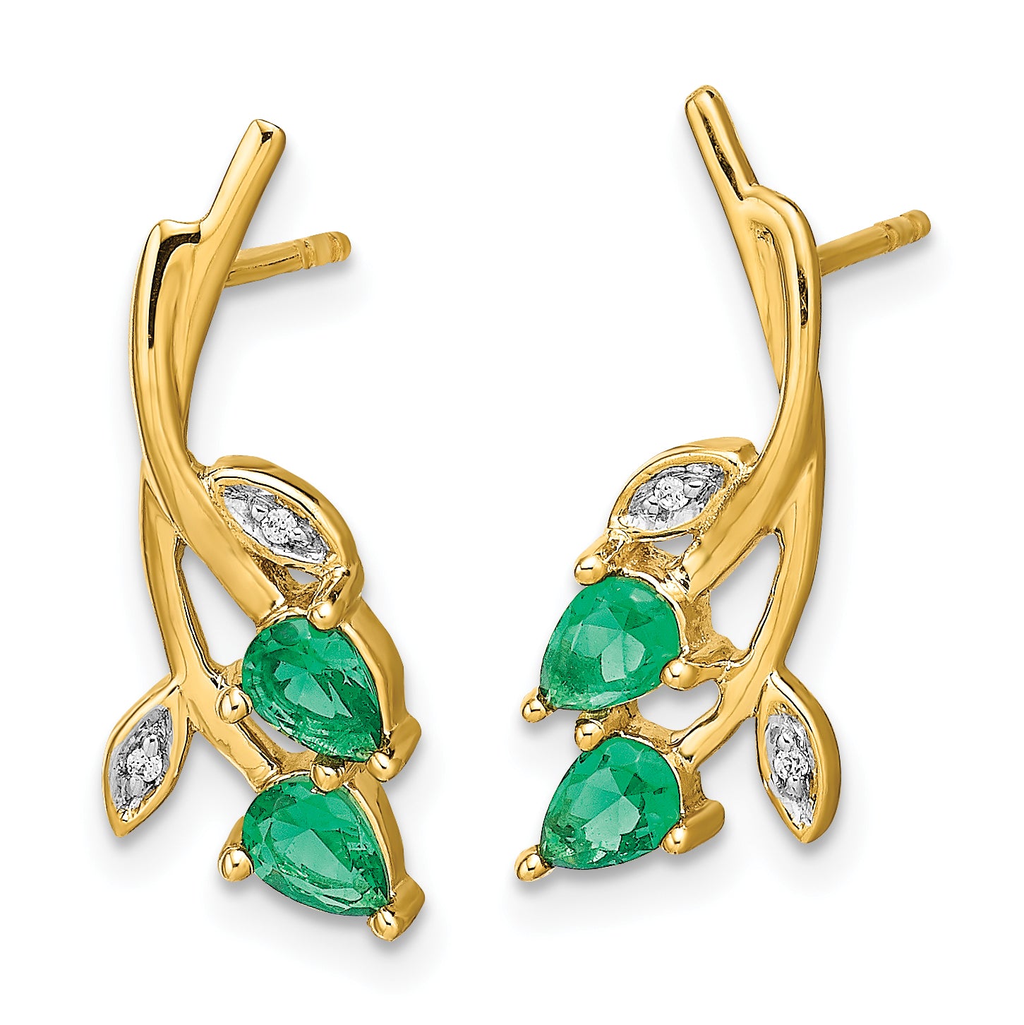 10k Diamond and Pear Emerald Floral Post Earrings