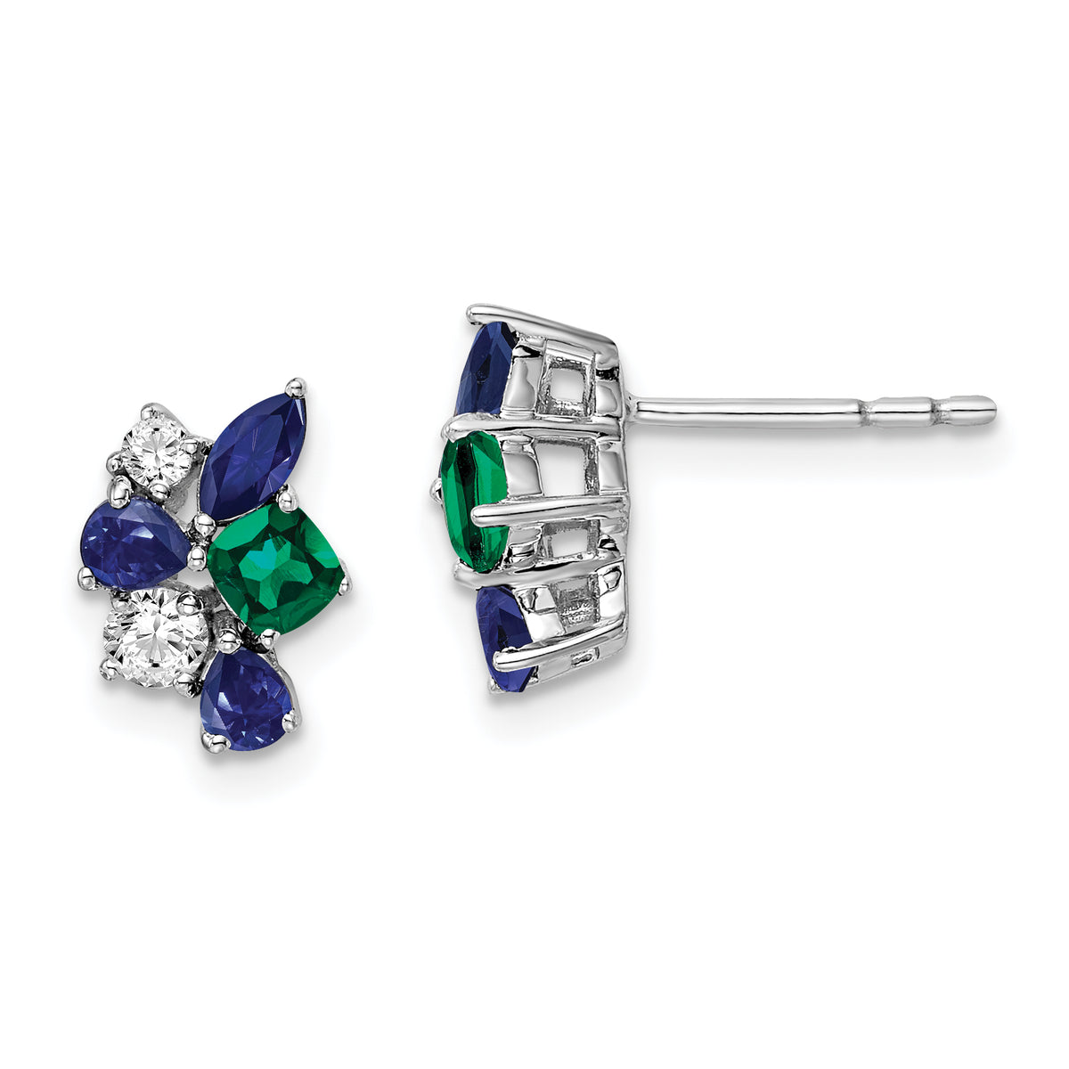 14K White Gold Lab Grown Diamond Cr Blue Sapphire Cr Emerald Earrings