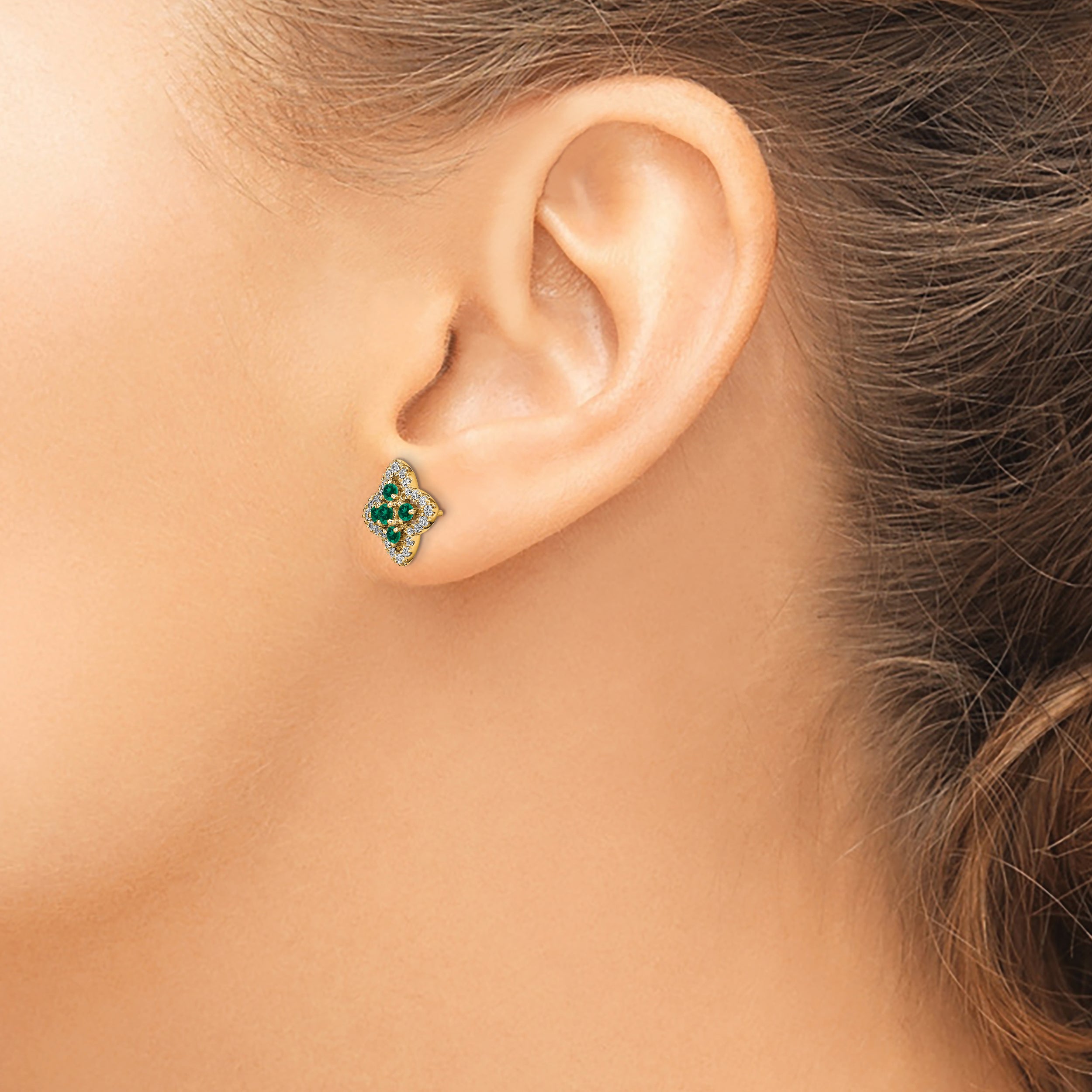 14K Lab Grown Diamond and Created Emerald Earrings