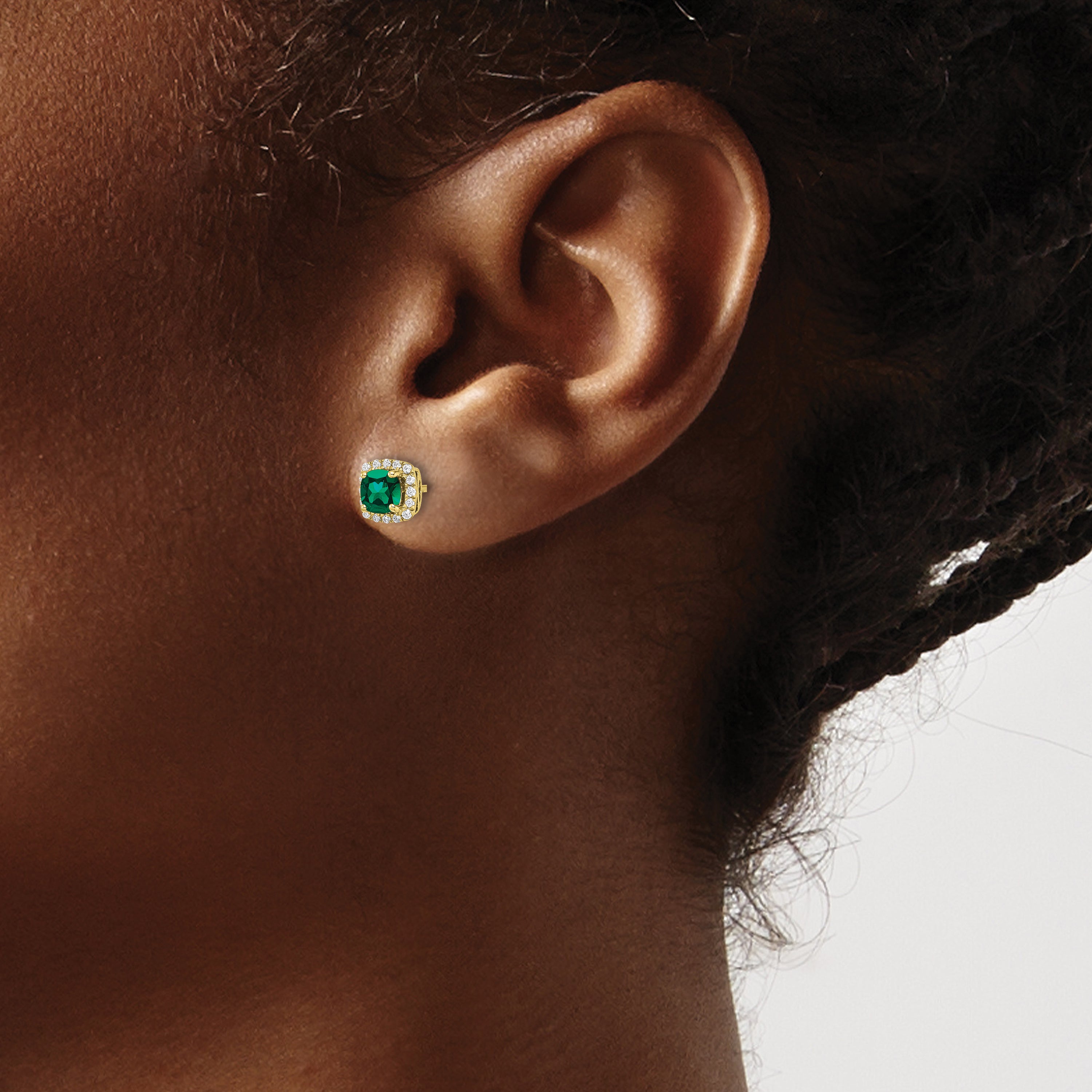 10K Lab Grown Diamond & Created Emerald Halo Post Earrings