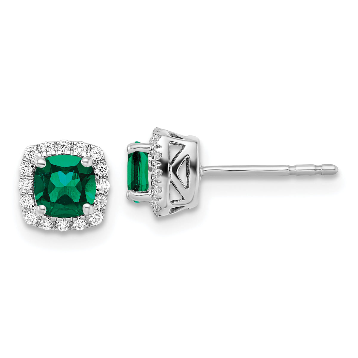 10K White Gold Lab Grown Diamond & Cr Emerald Halo Post Earrings