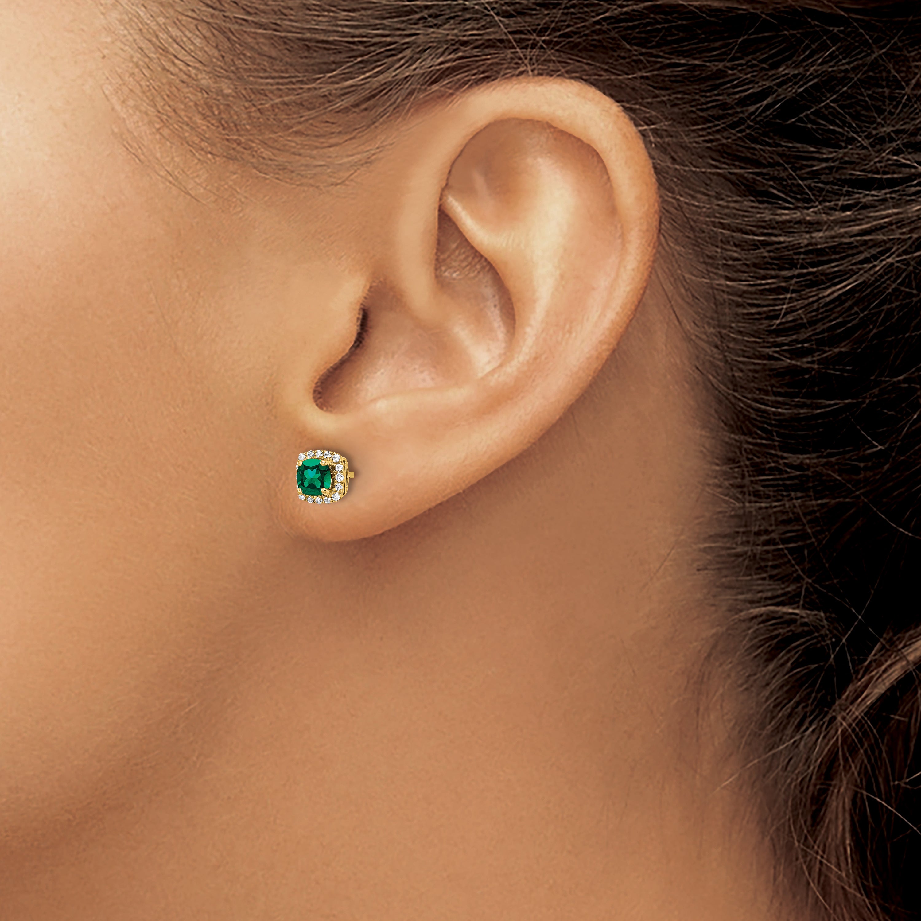 14K Lab Grown Diamond & Created Emerald Halo Post Earrings