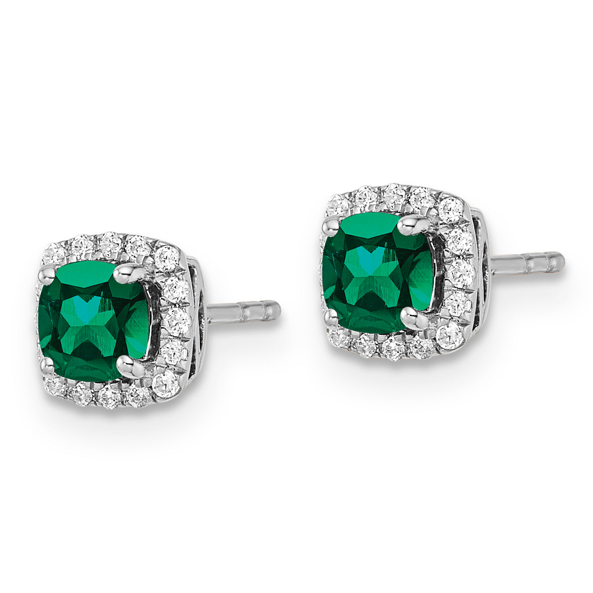 14K White Gold Lab Grown Diamond & Cr Emerald Halo Post Earrings