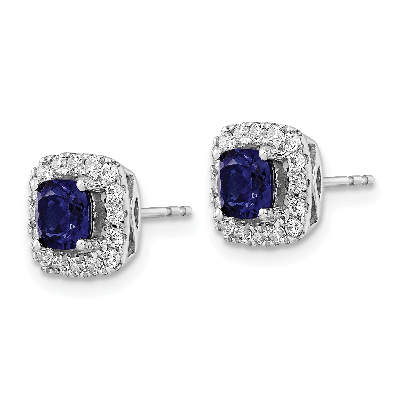 14K White Gold Lab Grown Diamond and Created Blue Sapphire Halo Post Earrin