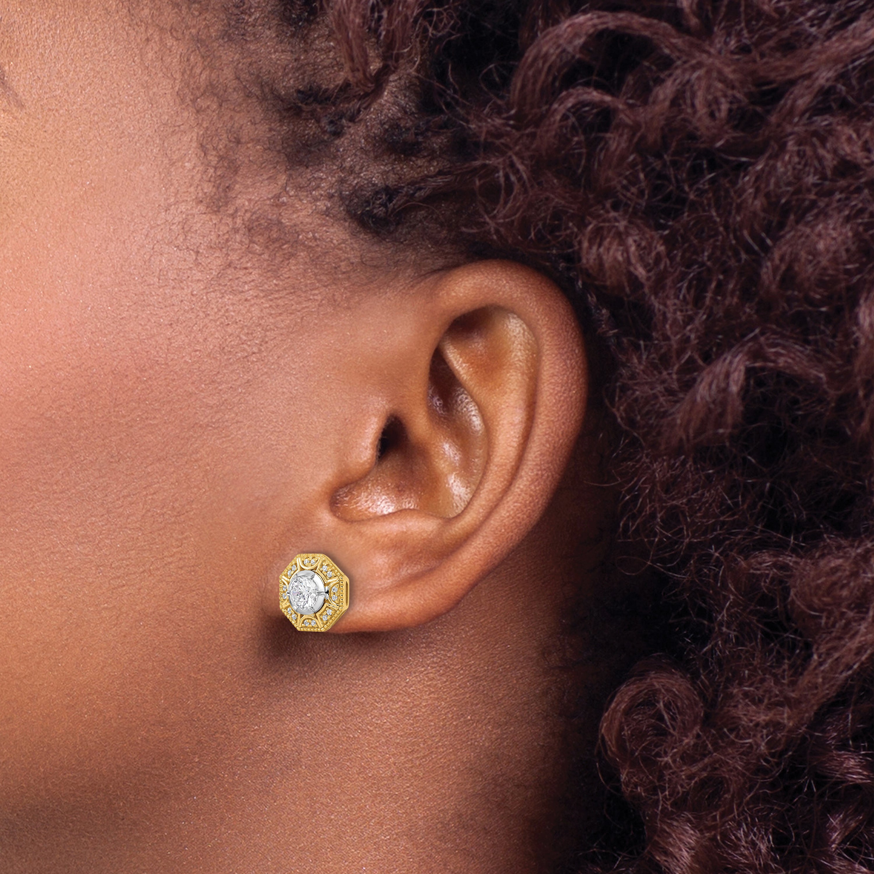 14K Two-Tone Lab Grown Diamond Geometric Halo Post Earrings