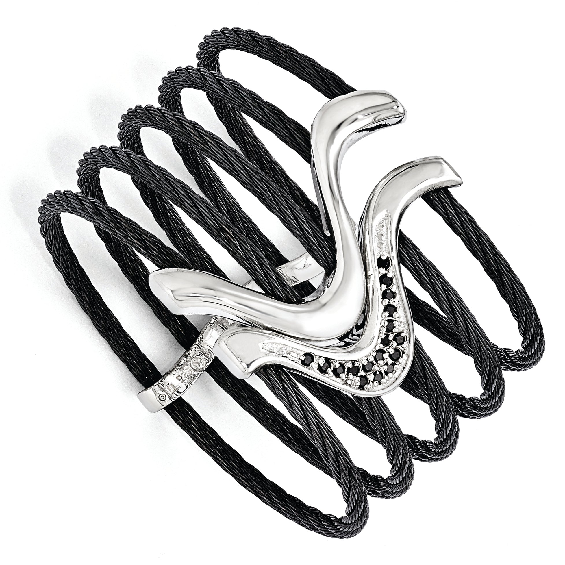Edward Mirell Black Ti & Sterling Silver Black Spinel Cable Flex Cuff Bangl