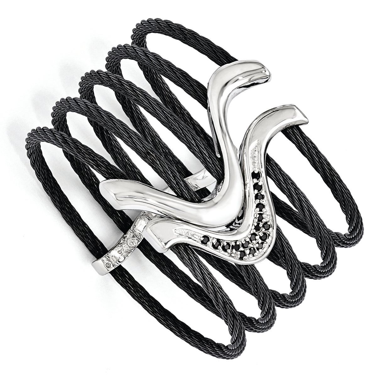 Edward Mirell Black Ti & Sterling Silver Black Spinel Cable Flex Cuff Bangl