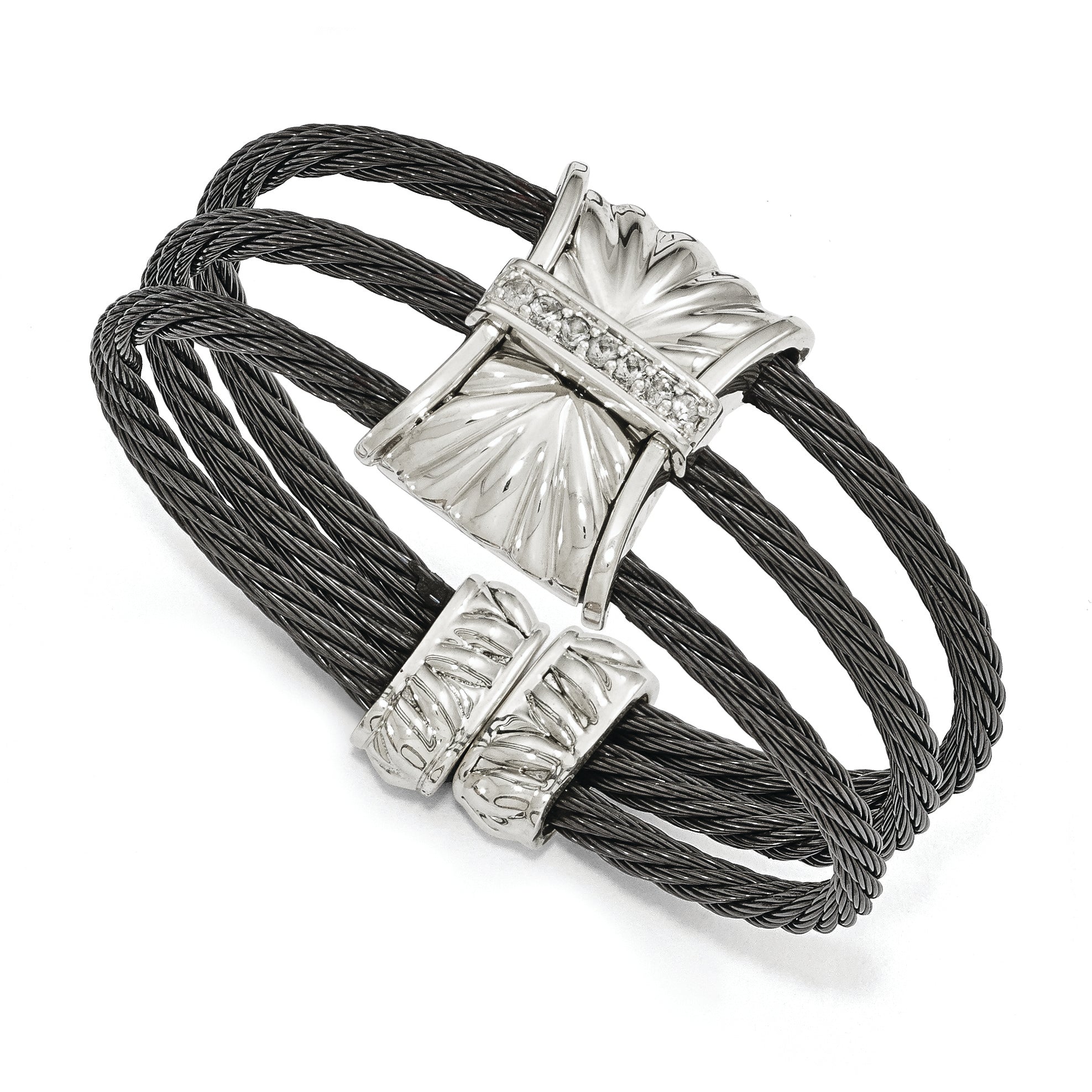 Edward Mirell Titanium Sterling Silver Wht Sapphire Cable Cuff Bangle Main image