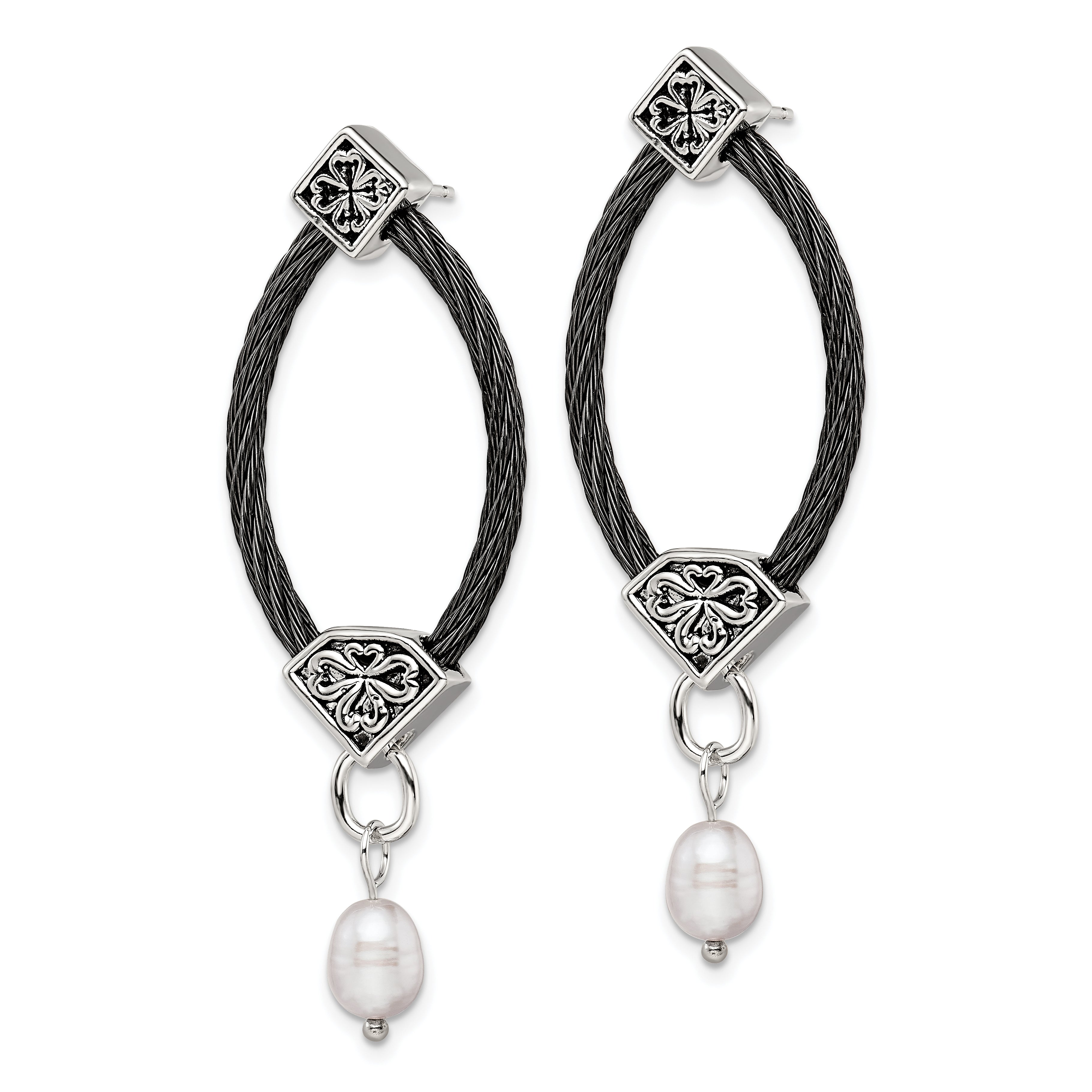 Sophia Jewelers Black Titanium & Silver Dangle Earrings with Pearl Floral Accent Secondary image