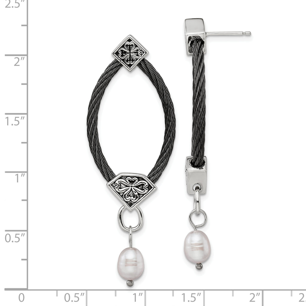 Sophia Jewelers Black Titanium & Silver Dangle Earrings with Pearl Floral Accent