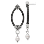 Edward Mirell Black Ti Cable and Sterling Silver Floral Accent with Freshwater Cultured Pearl Dangle Earrings