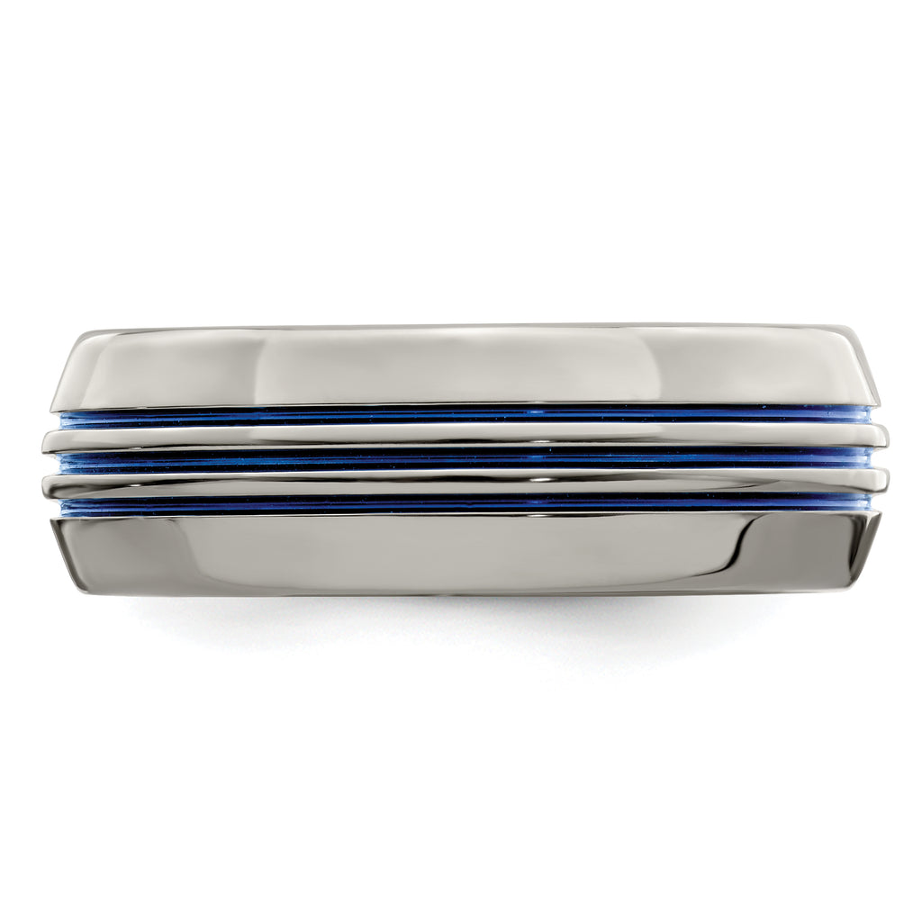 Titanium Wedding Band with Blue Anodized Grooves and Polished Finish