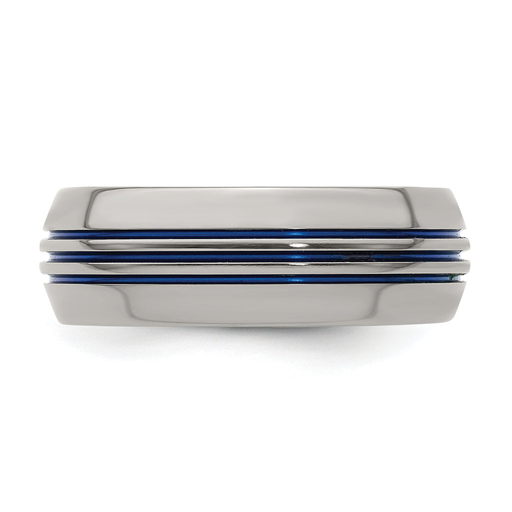 Titanium Wedding Band with Blue Anodized Grooves and Polished Finish