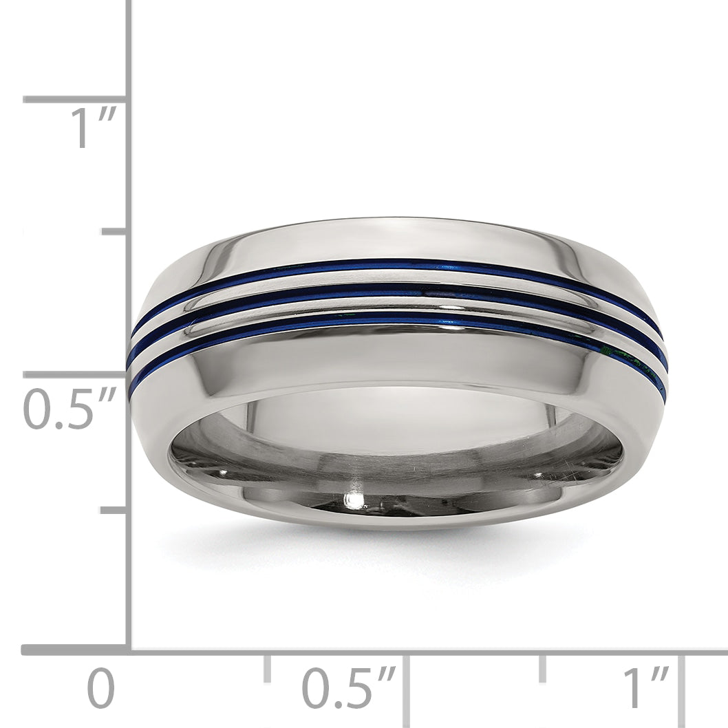 Titanium Wedding Band with Blue Anodized Grooves and Polished Finish