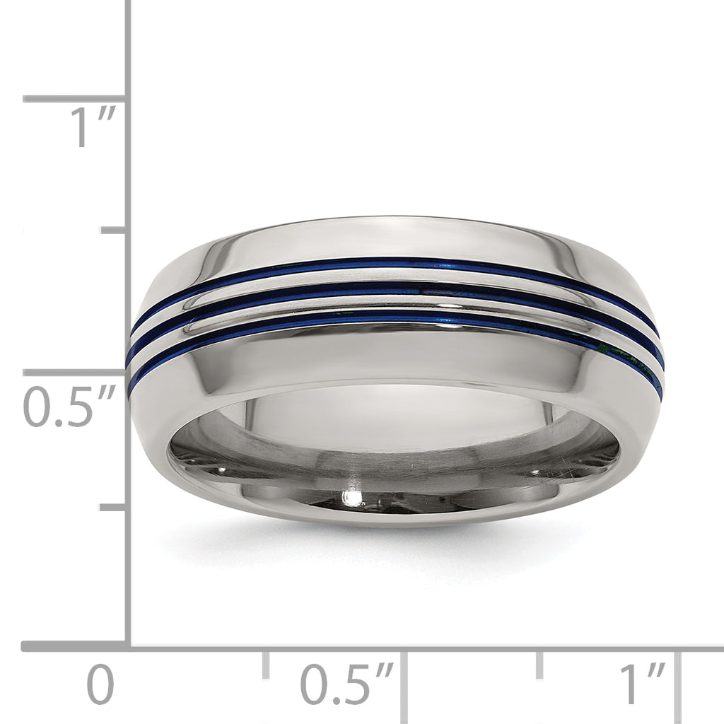 Titanium Wedding Band with Blue Anodized Grooves and Polished Finish