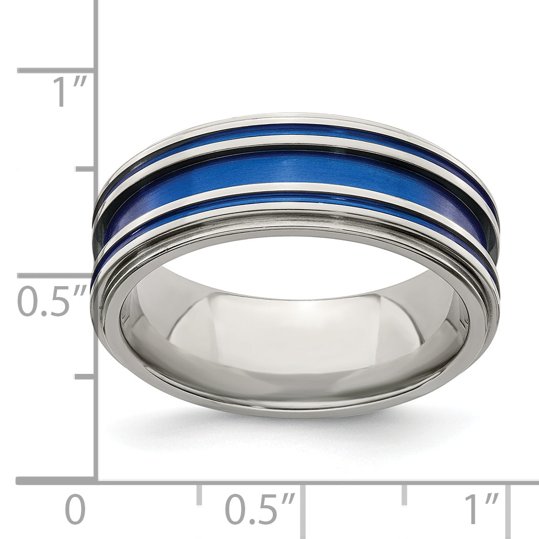 Titanium Wedding Band with Blue Anodized Grooves 8mm Edge
