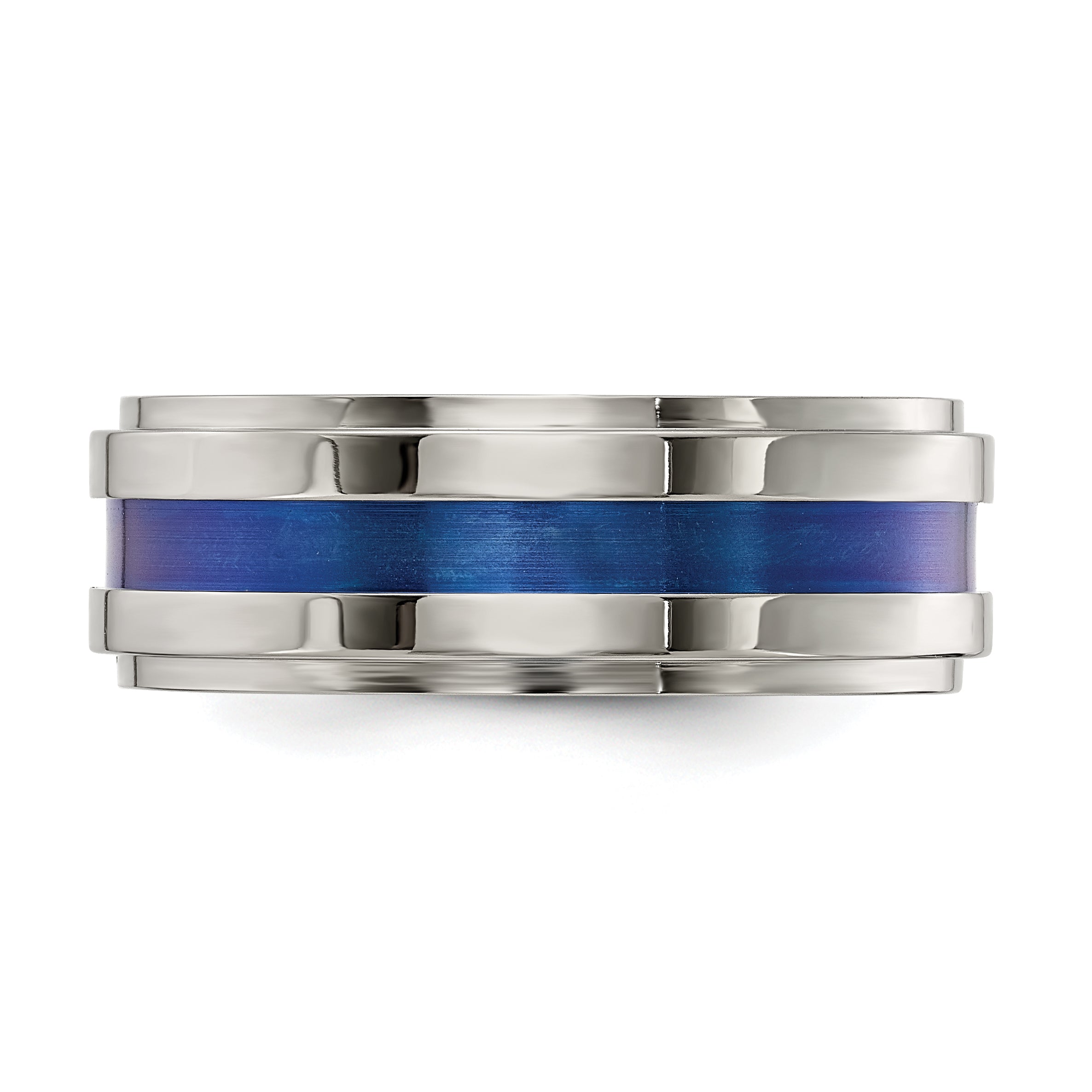 Edward Mirell Gray Titanium with Blue Anodized Stripe Flat Grooved Step Edge 8mm Band