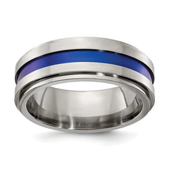 Edward Mirell Gray Titanium with Blue Anodized Stripe Flat Grooved Step Edge 8mm Band