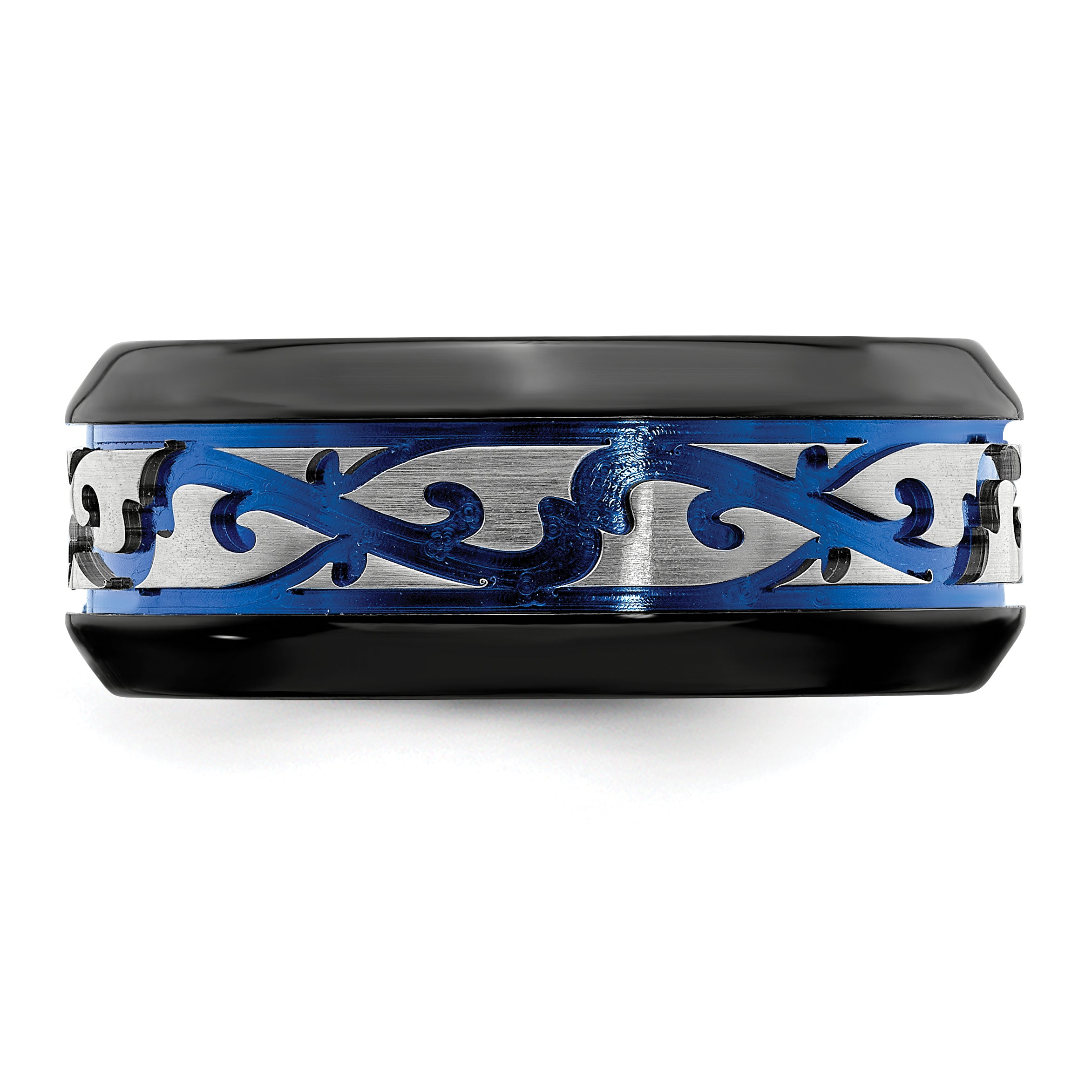 Titanium Wedding Band with Anodized Blue Scroll Design