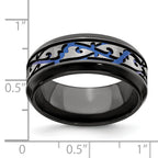 Titanium Wedding Band with Anodized Blue Scroll Design