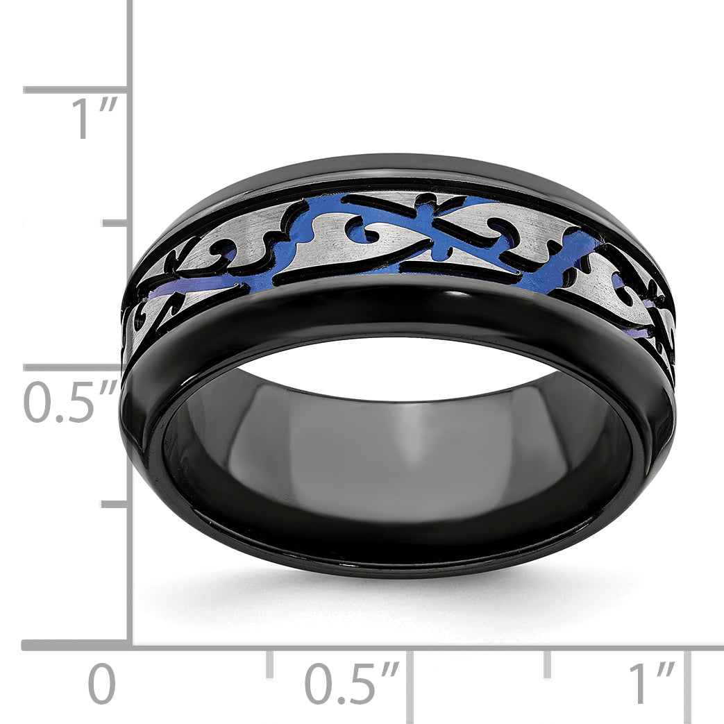 Titanium Wedding Band with Anodized Blue Scroll Design