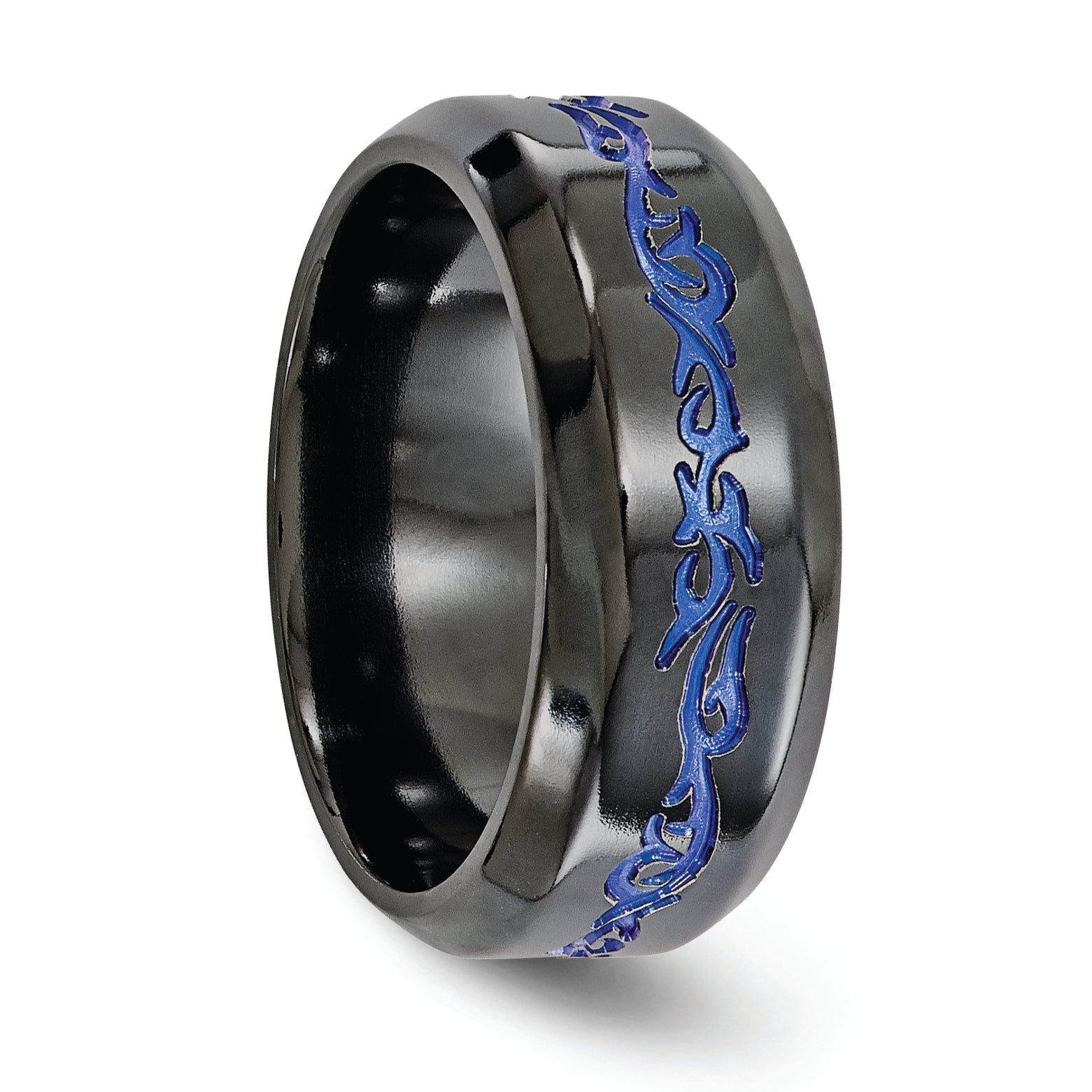 Titanium Wedding Band with Blue Anodized Accents and Polished Finish - 8