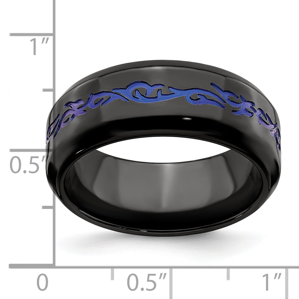 Edward Mirell Black Ti Patterned Blue Anodized Polished 9mm Band