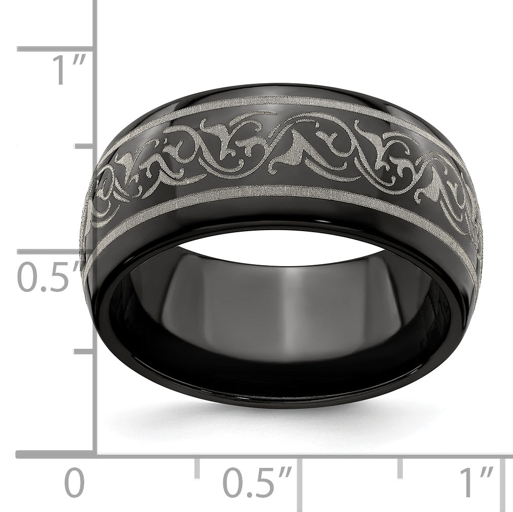 Edward Mirell Titanium Black Ti Domed Laser Patterned 10mm Band