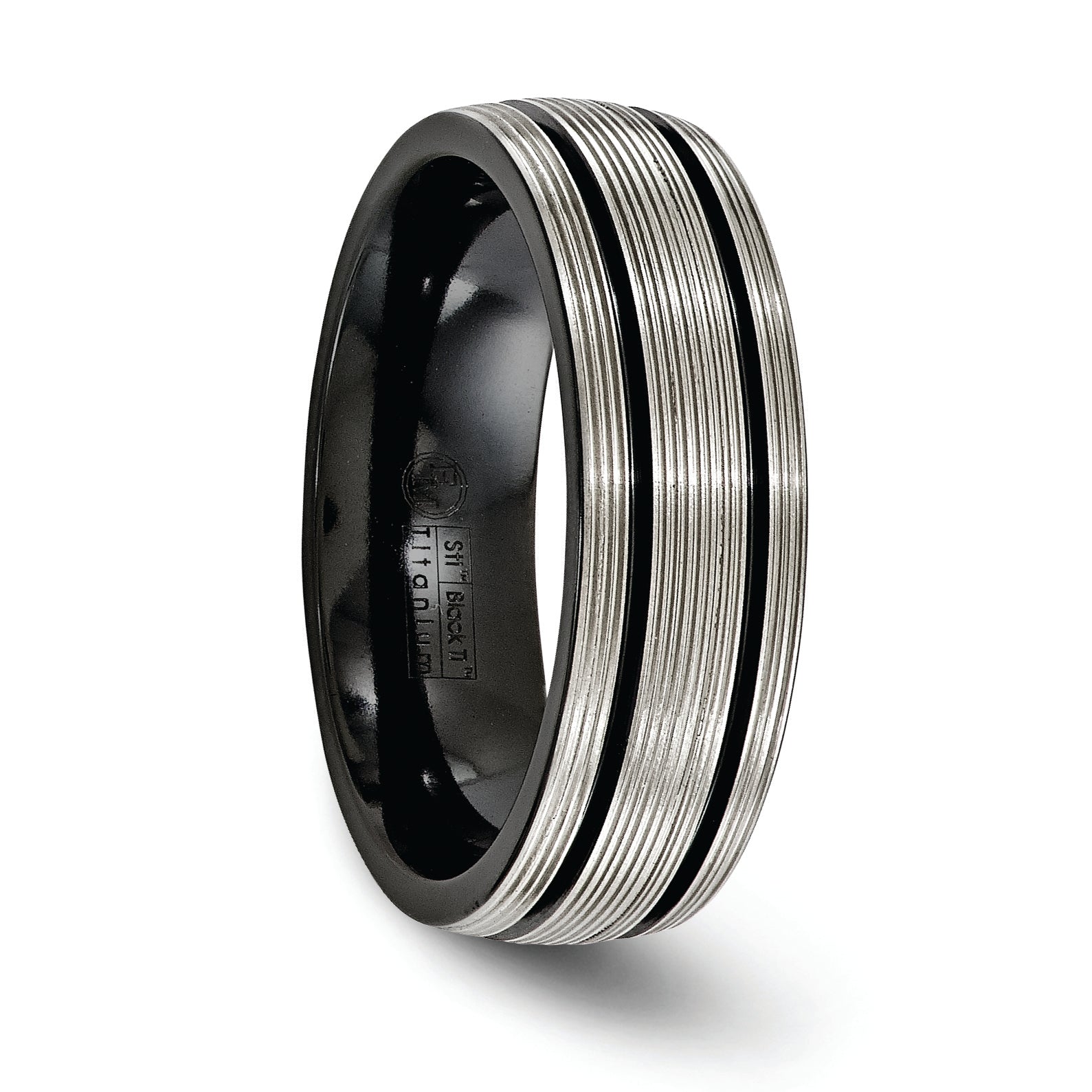 Titanium Wedding Band with Grooved Texture and Polished Finish