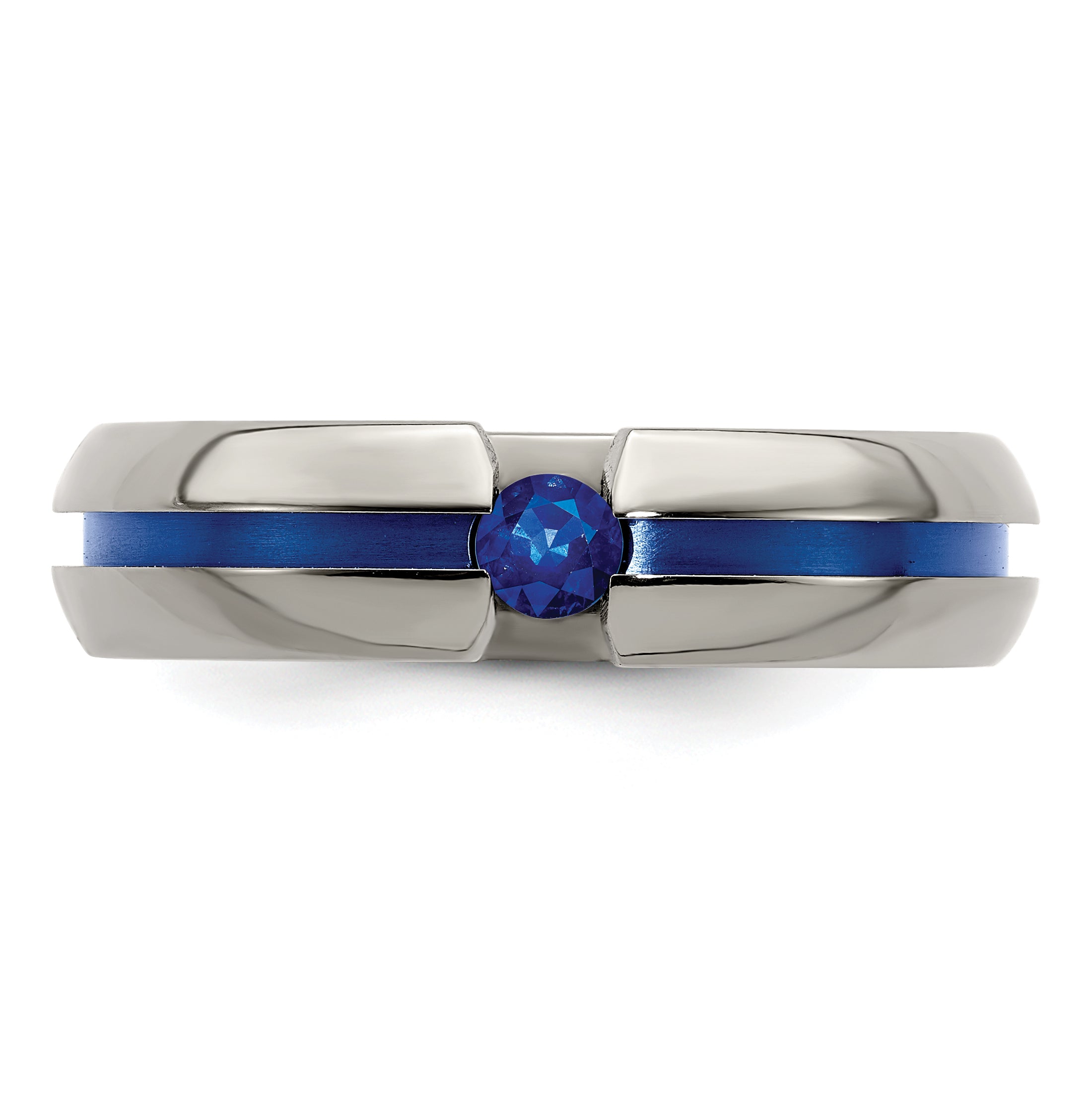 Titanium Sapphire Wedding Band with Blue Anodized Grooved Design