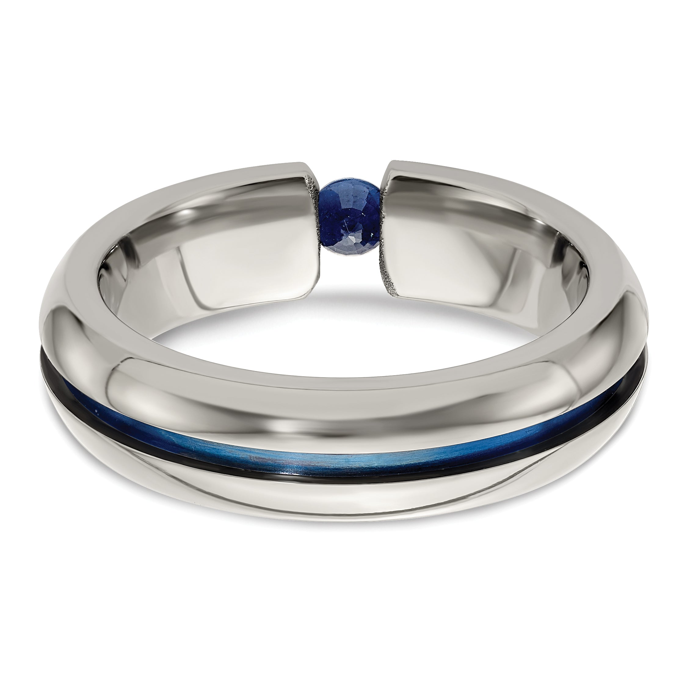 Titanium Sapphire Wedding Band with Blue Anodized Grooved Design