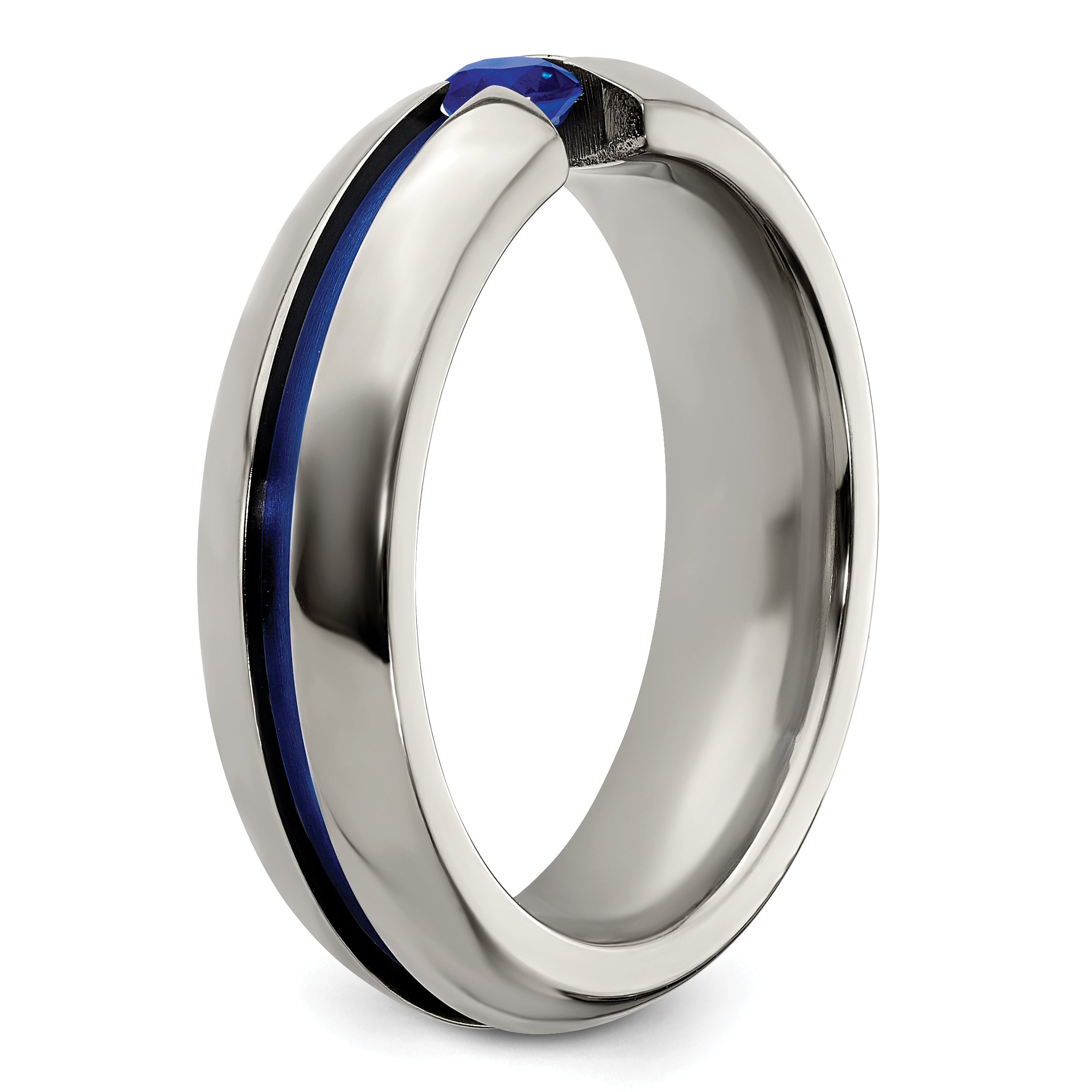 Titanium Sapphire Wedding Band with Blue Anodized Grooved Design