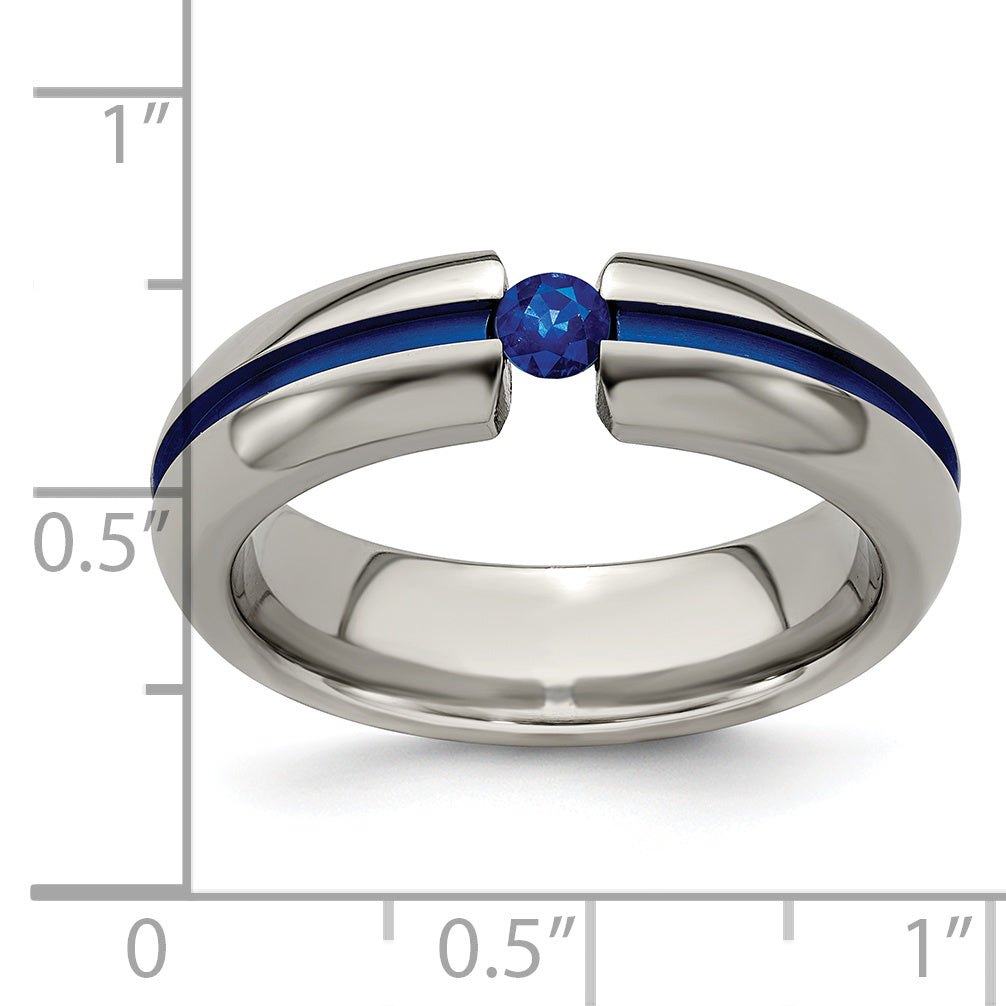 Titanium Sapphire Wedding Band with Blue Anodized Grooved Design
