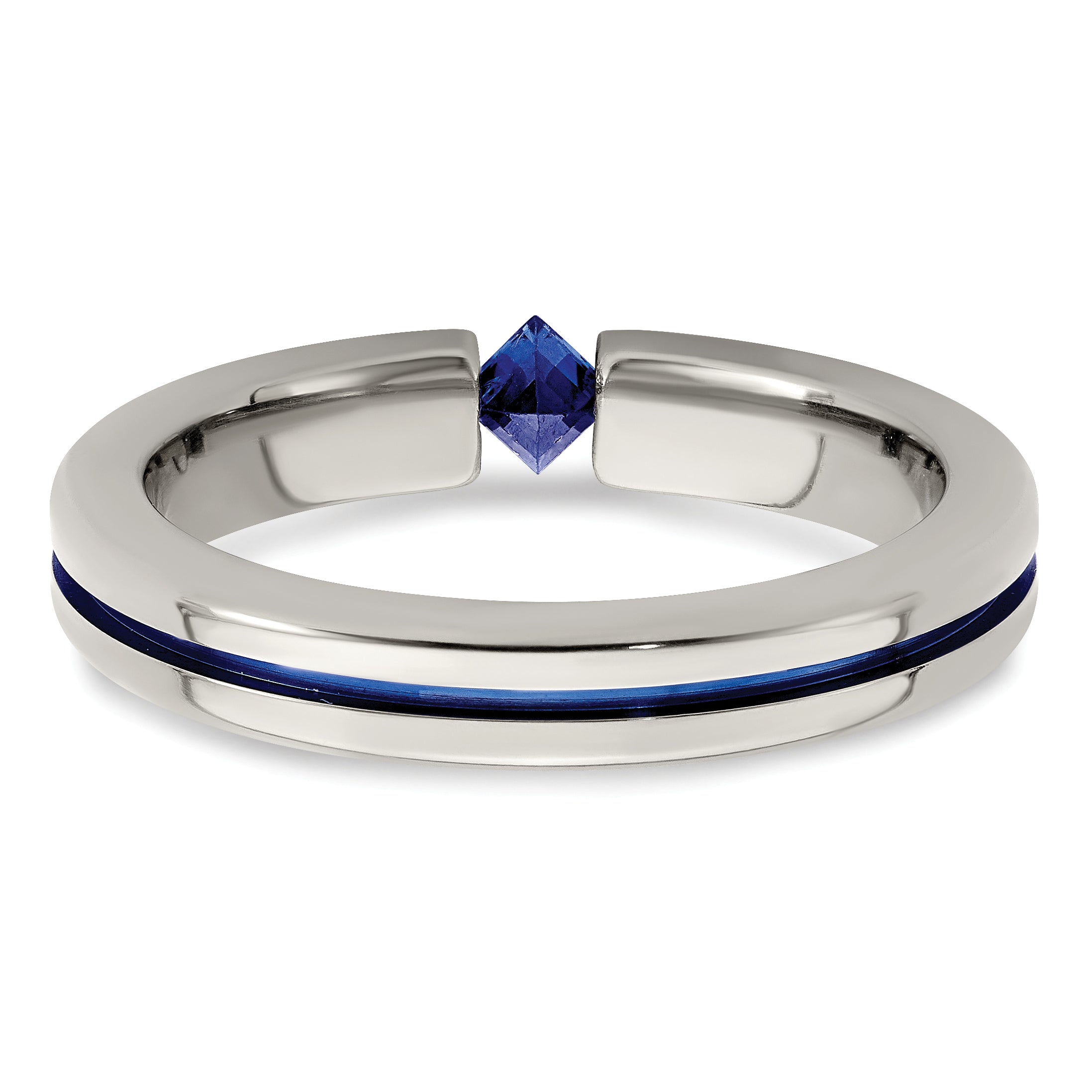 Titanium Sapphire Wedding Band with Polished Finish and Grooved Design