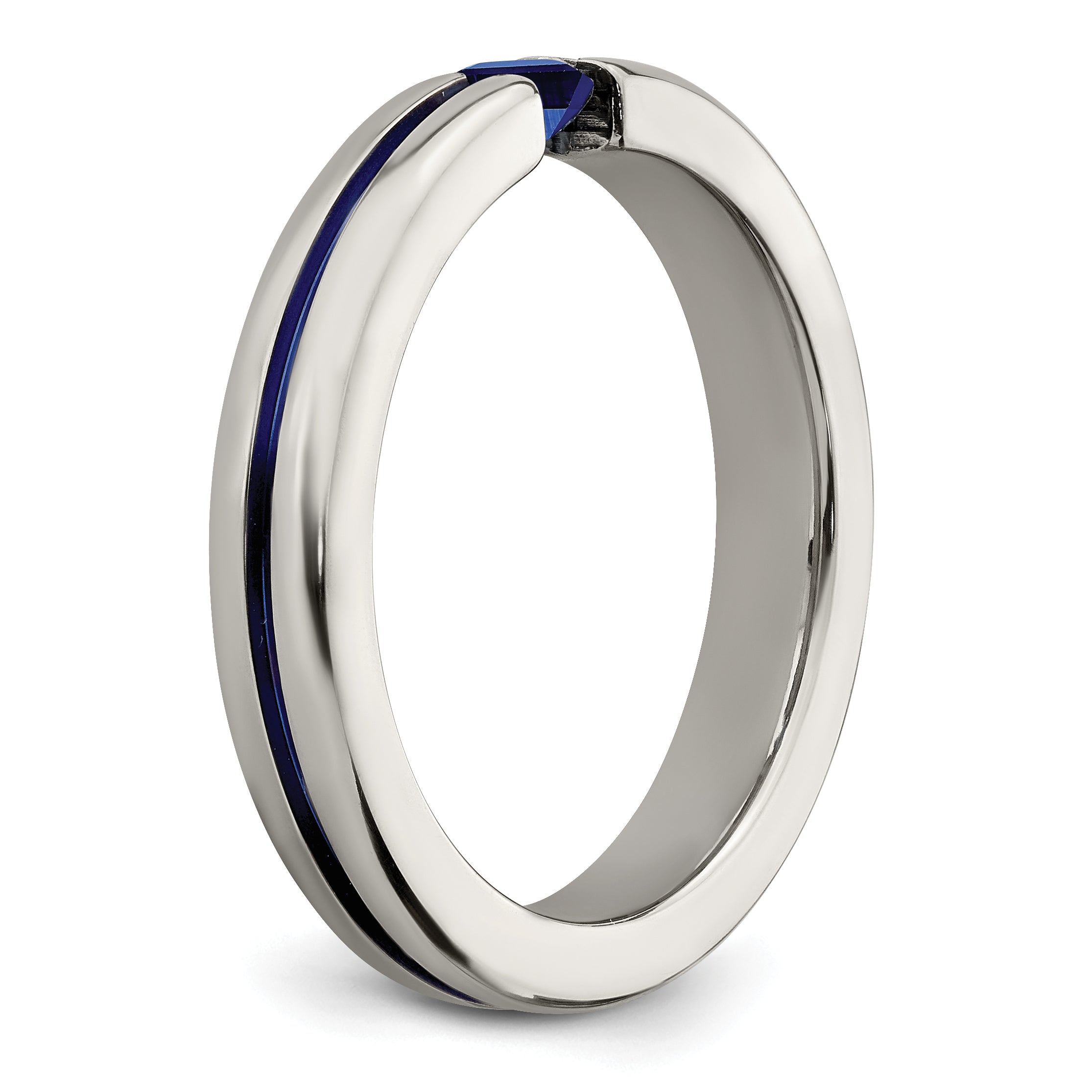 Titanium Sapphire Wedding Band with Polished Finish and Grooved Design