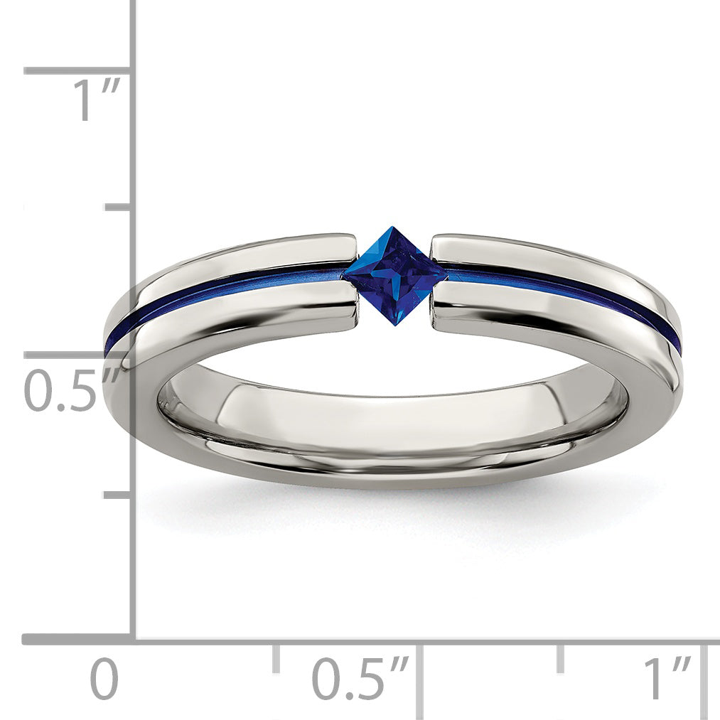 Titanium Sapphire Wedding Band with Polished Finish and Grooved Design