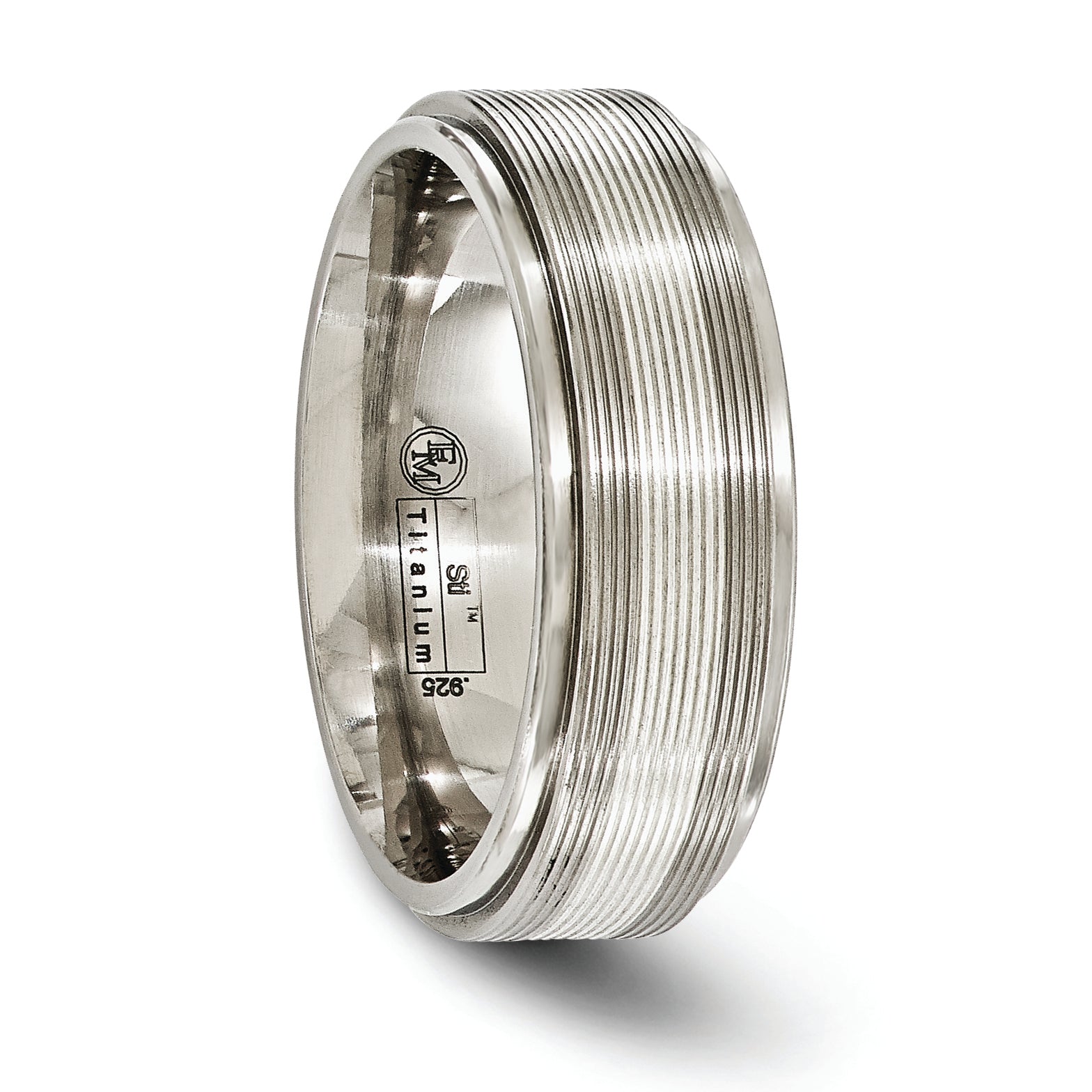 Edward Mirell Titanium with Sterling Silver Textured Lines Step Edge 7.5mm Band