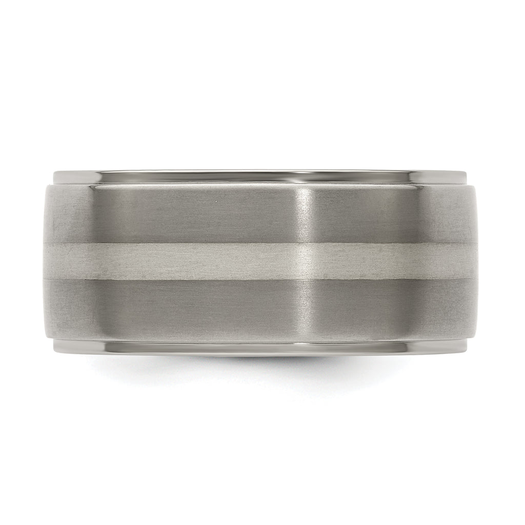 Titanium Silver Inlay Wedding Band with Polished Brushed Finish
