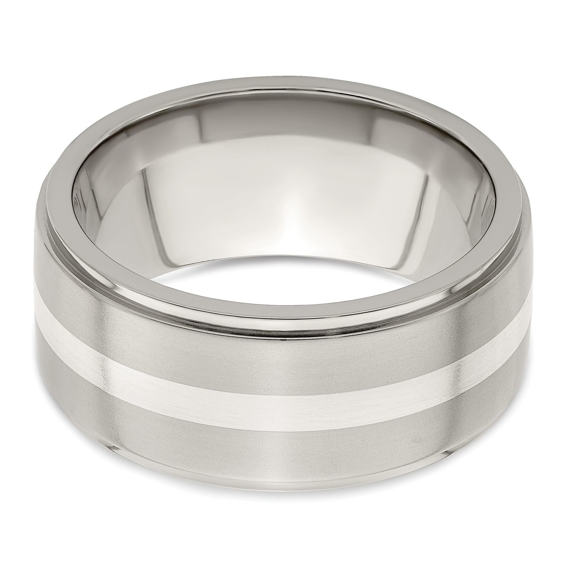 Titanium Silver Inlay Wedding Band with Polished Brushed Finish