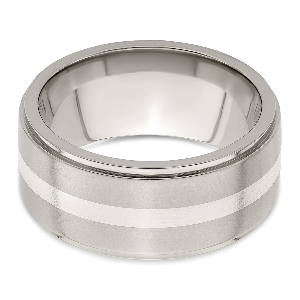 Titanium Silver Inlay Wedding Band with Polished Brushed Finish
