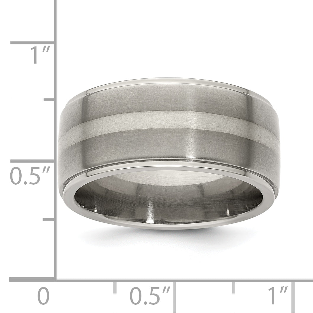 Titanium Silver Inlay Wedding Band with Polished Brushed Finish